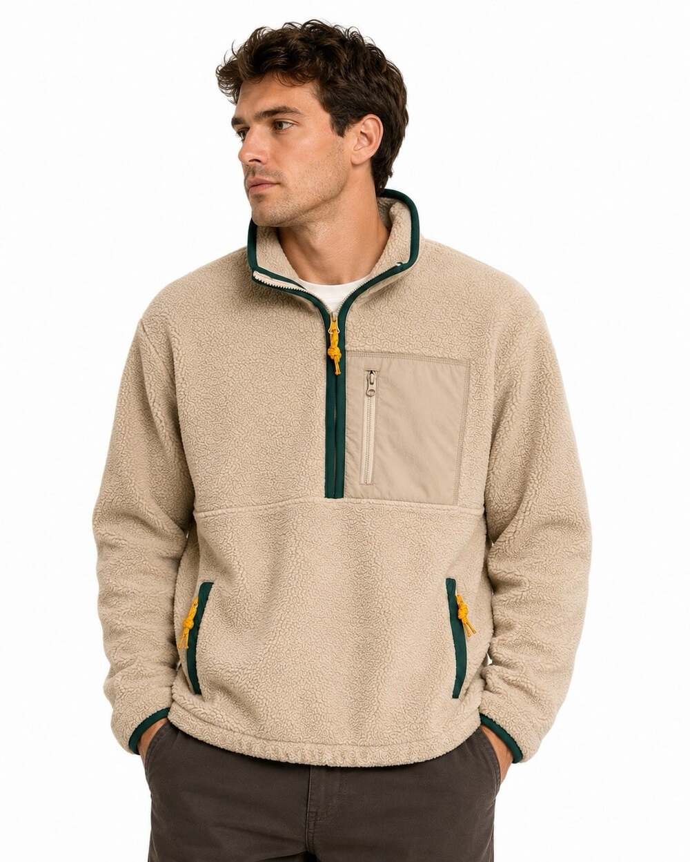 GAP Mens Fleece Half Zip Pullover Jacket Size L Beige Green Trim Hiking Outdoor
